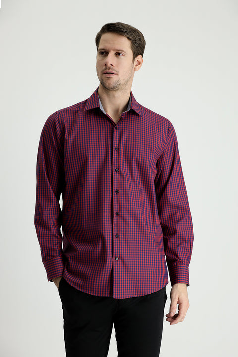 Dark Red Long Sleeve Regular Fit Plaid Cotton Shirt