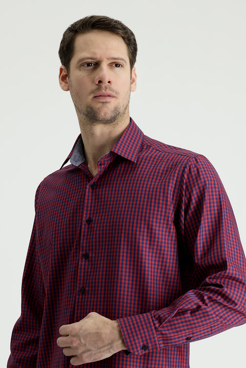 Dark Red Long Sleeve Regular Fit Plaid Cotton Shirt