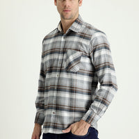 Medium Grey Long Sleeve Regular Fit Plaid Sport Cotton Easy-Iron Shirt