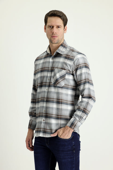 Medium Grey Long Sleeve Regular Fit Plaid Sport Cotton Easy-Iron Shirt