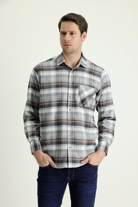 Medium Grey Long Sleeve Regular Fit Plaid Sport Cotton Easy-Iron Shirt