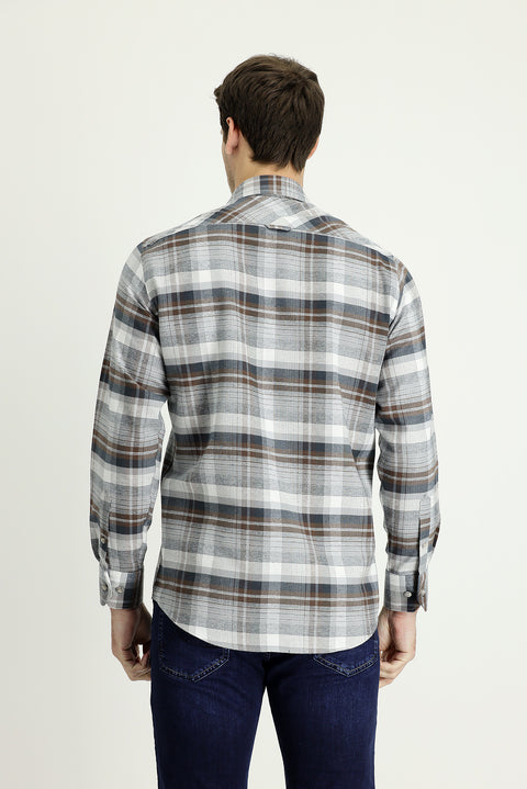 Medium Grey Long Sleeve Regular Fit Plaid Sport Cotton Easy-Iron Shirt