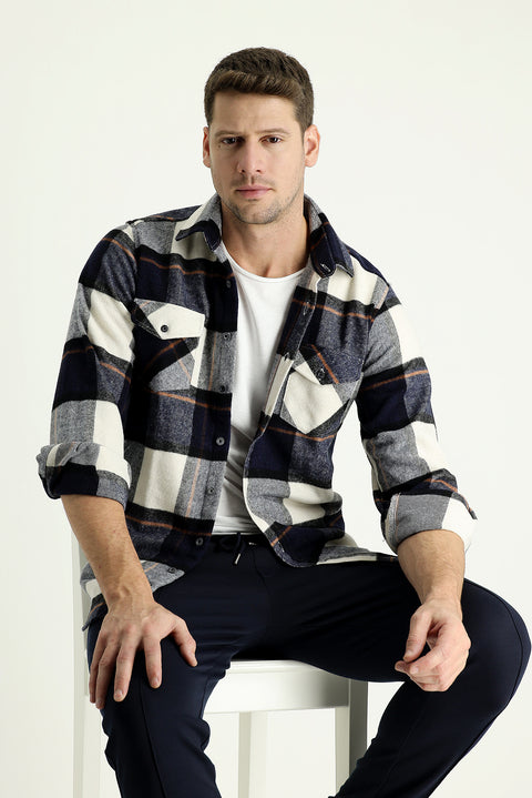 Medium Navy Long Sleeve Plaid Shacket Lumberjack Shirt