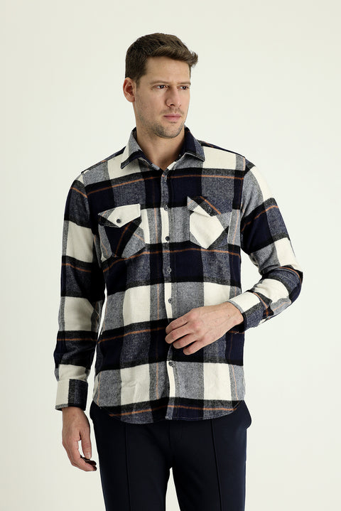 Medium Navy Long Sleeve Plaid Shacket Lumberjack Shirt