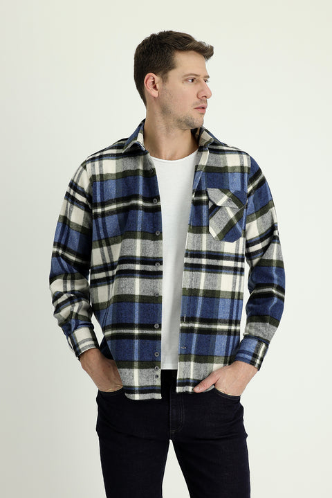 Dark Blue Long Sleeve Regular Fit Plaid Shacket Lumberjack Shirt