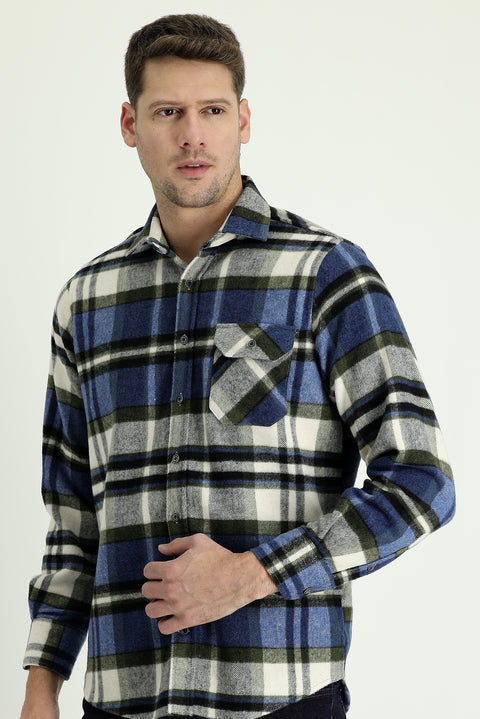 Dark Blue Long Sleeve Regular Fit Plaid Shacket Lumberjack Shirt