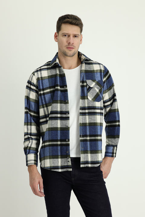 Dark Blue Long Sleeve Regular Fit Plaid Shacket Lumberjack Shirt