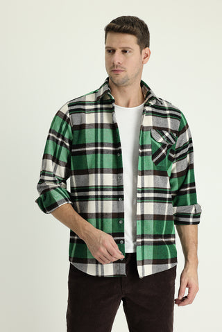  Çimen Yeşili Uzun Kol Regular Fit Ekose Shacket Oduncu Gömlek