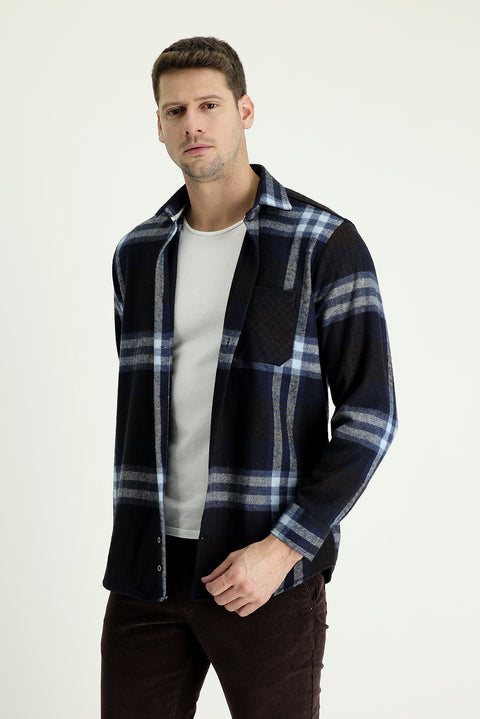 Dark Navy Long Sleeve Regular Fit Plaid Shacket Lumberjack Shirt