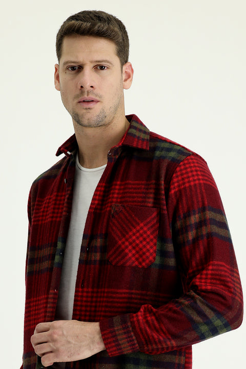 Koyu Bordo Uzun Kol Regular Fit Ekose Shacket Oduncu Gömlek