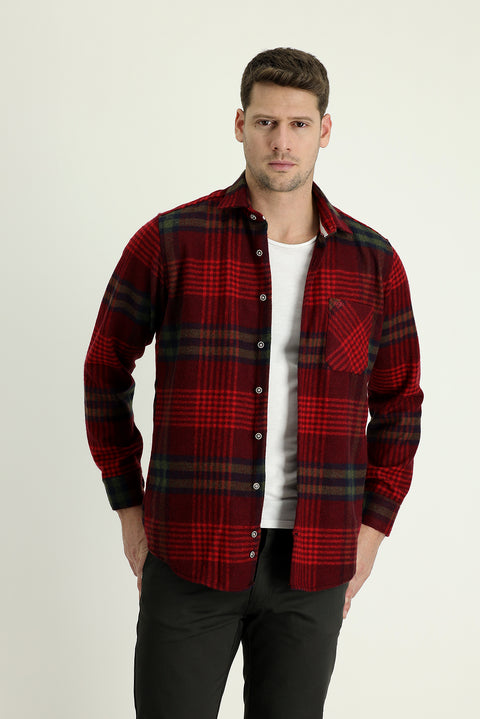 Koyu Bordo Uzun Kol Regular Fit Ekose Shacket Oduncu Gömlek
