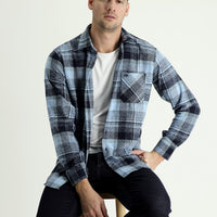 Blue Long Sleeve Regular Fit Plaid Shacket Lumberjack Cotton Shirt