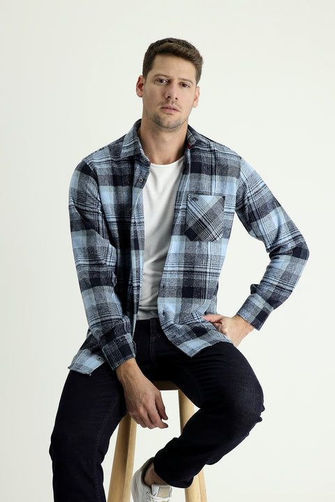 Blue Long Sleeve Regular Fit Plaid Shacket Lumberjack Cotton Shirt