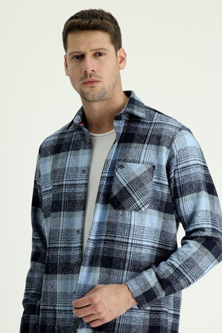  Mavi Uzun Kol Regular Fit Ekose Shacket Oduncu Pamuklu Gömlek