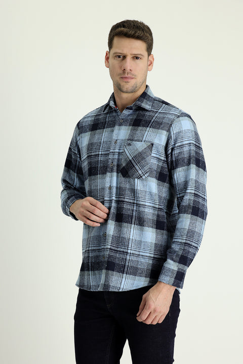 Blue Long Sleeve Regular Fit Plaid Shacket Lumberjack Cotton Shirt