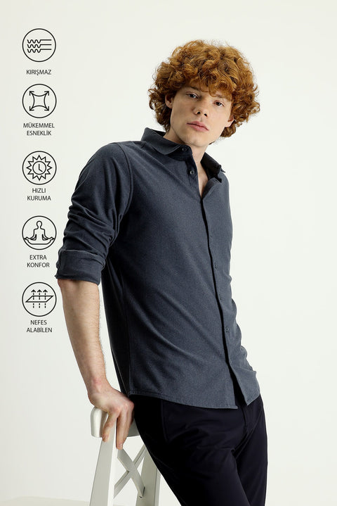 Light Gray Techno-Line Long Sleeve Slim Fit Narrow Cut Sport Knit Shirt