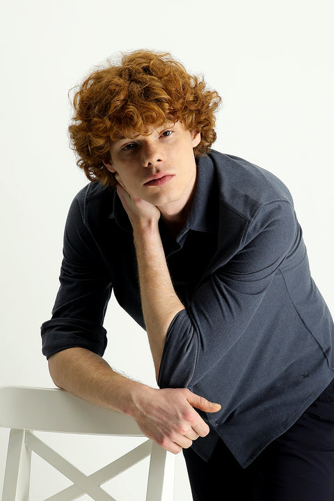 Light Gray Techno-Line Long Sleeve Slim Fit Narrow Cut Sport Knit Shirt