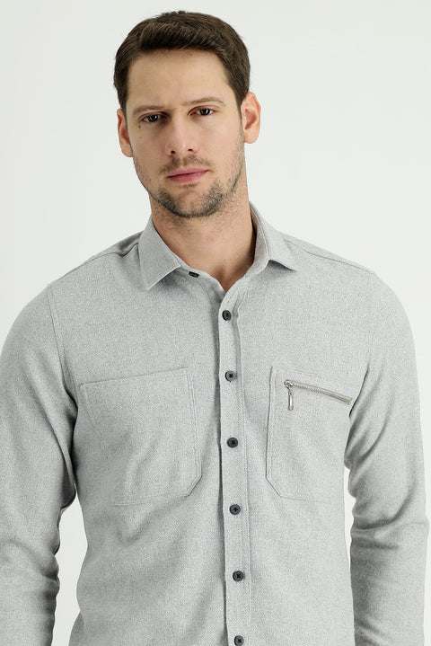 Medium Grey Long Sleeve Slim Fit Narrow Cut Lumberjack Sport Cotton Shirt