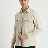 Light Beige Long Sleeve Slim Fit Patterned Shacket Lumberjack Cotton Shirt