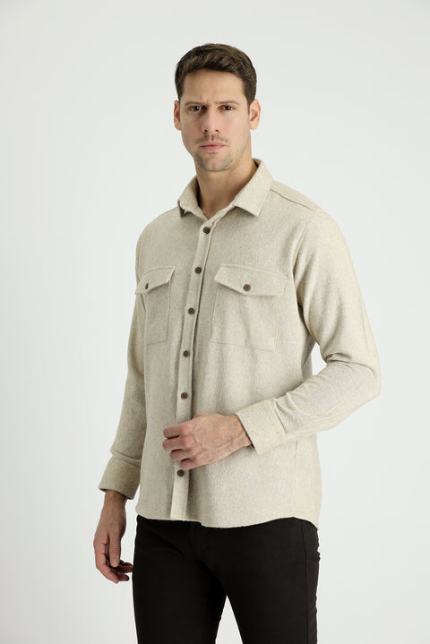Light Beige Long Sleeve Slim Fit Patterned Shacket Lumberjack Cotton Shirt