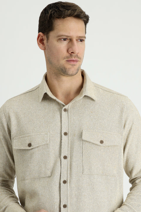 Light Beige Long Sleeve Slim Fit Patterned Shacket Lumberjack Cotton Shirt