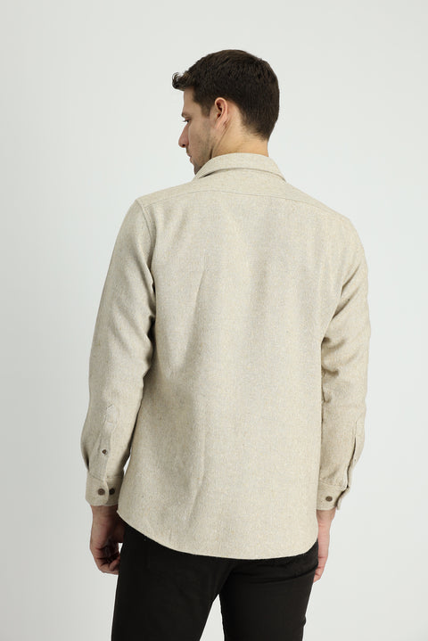 Light Beige Long Sleeve Slim Fit Patterned Shacket Lumberjack Cotton Shirt