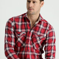 Flag Red Long Sleeve Slim Fit Narrow Cut Lumberjack Plaid Cotton Shirt