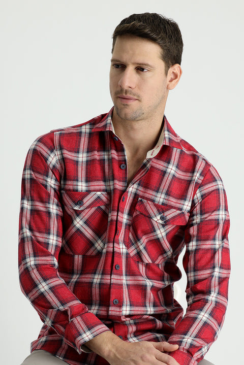 Flag Red Long Sleeve Slim Fit Narrow Cut Lumberjack Plaid Cotton Shirt