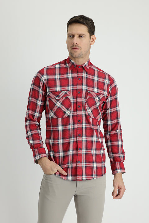 Flag Red Long Sleeve Slim Fit Narrow Cut Lumberjack Plaid Cotton Shirt