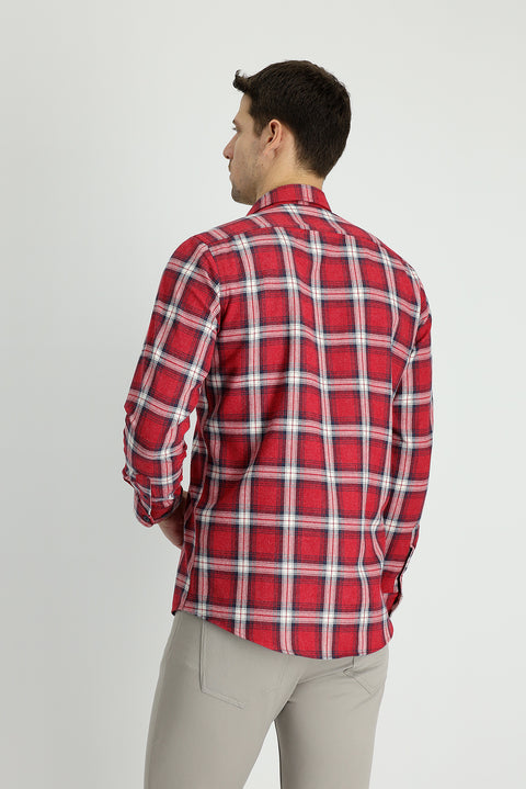 Flag Red Long Sleeve Slim Fit Narrow Cut Lumberjack Plaid Cotton Shirt