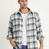 Light Blue Long Sleeve Slim Fit Narrow Cut Plaid Shacket Lumberjack Cotton Shirt