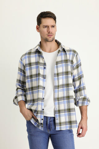  Açık Mavi Uzun Kol Slim Fit Dar Kesim Ekose Shacket Oduncu Pamuk Gömlek
