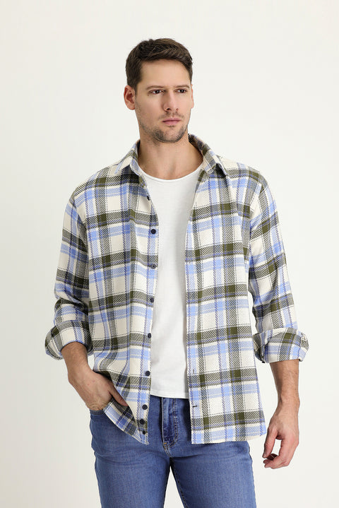 Light Blue Long Sleeve Slim Fit Narrow Cut Plaid Shacket Lumberjack Cotton Shirt
