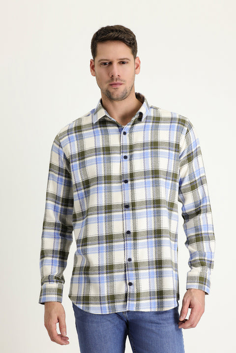 Light Blue Long Sleeve Slim Fit Narrow Cut Plaid Shacket Lumberjack Cotton Shirt