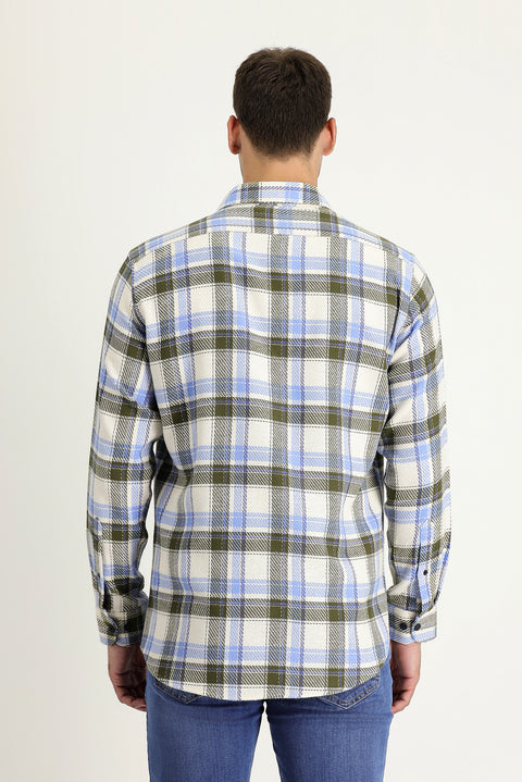 Light Blue Long Sleeve Slim Fit Narrow Cut Plaid Shacket Lumberjack Cotton Shirt