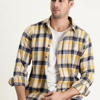 Mustard Yellow Long Sleeve Slim Fit Narrow Cut Plaid Shacket Lumberjack Cotton Shirt