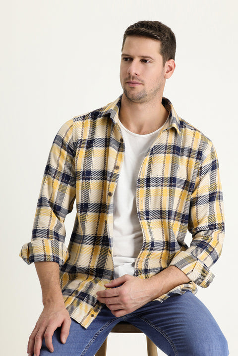 Mustard Yellow Long Sleeve Slim Fit Narrow Cut Plaid Shacket Lumberjack Cotton Shirt