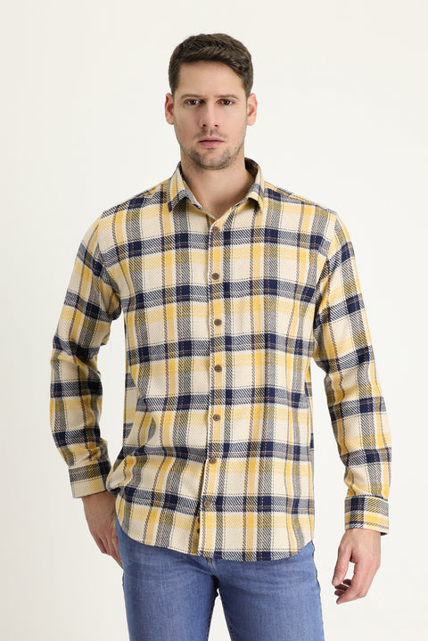 Mustard Yellow Long Sleeve Slim Fit Narrow Cut Plaid Shacket Lumberjack Cotton Shirt