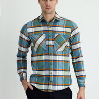 Dark Green Long Sleeve Slim Fit Narrow Cut Plaid Lumberjack Cotton Shirt