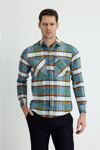  Koyu Yeşil Uzun Kol Slim Fit Dar Kesim Ekose Oduncu Pamuklu Gömlek