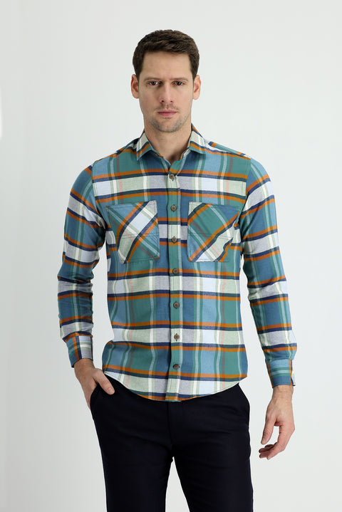Dark Green Long Sleeve Slim Fit Narrow Cut Plaid Lumberjack Cotton Shirt