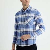 Havacı Mavi Uzun Kol Slim Fit Dar Kesim Ekose Oduncu Pamuklu Gömlek