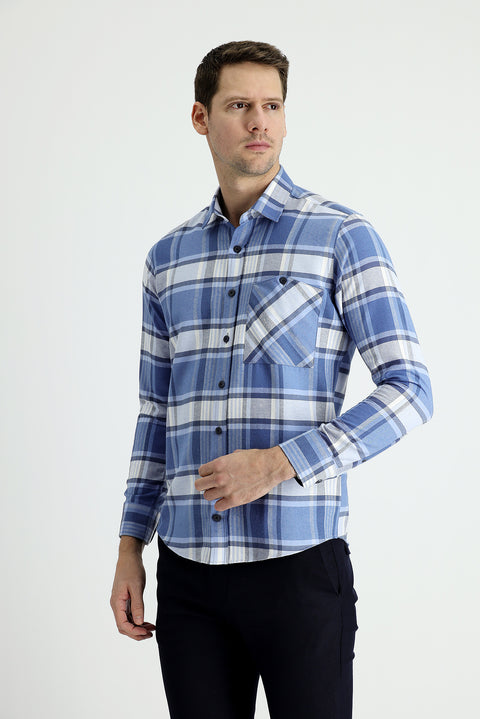 Havacı Mavi Uzun Kol Slim Fit Dar Kesim Ekose Oduncu Pamuklu Gömlek