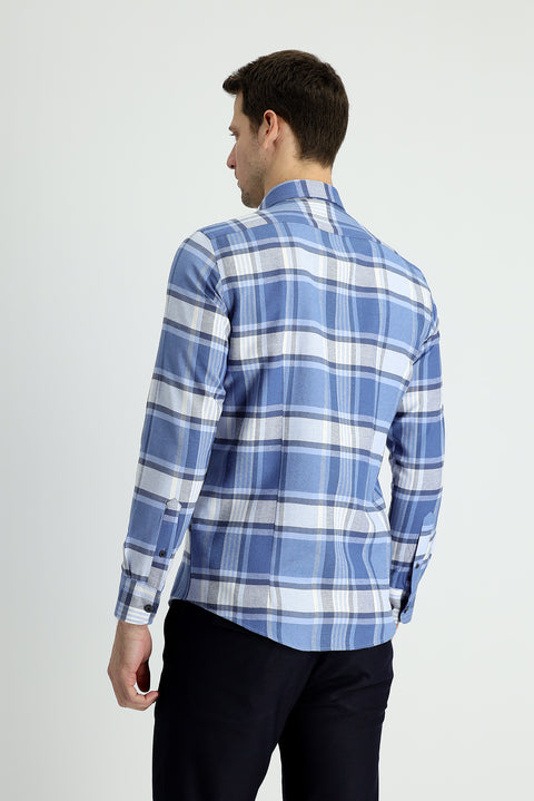 Havacı Mavi Uzun Kol Slim Fit Dar Kesim Ekose Oduncu Pamuklu Gömlek