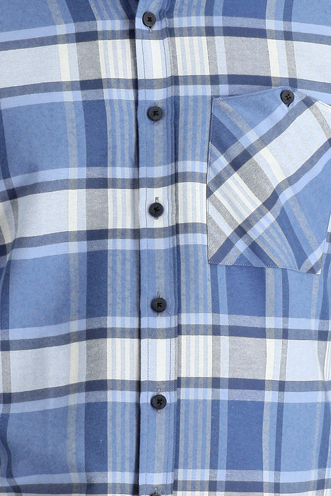 Havacı Mavi Uzun Kol Slim Fit Dar Kesim Ekose Oduncu Pamuklu Gömlek