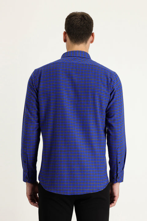 Saks Mavi Uzun Kol Slim Fit Dar Kesim Ekose Shacket Oduncu Gömlek