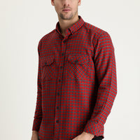 Açık Kırmızı Uzun Kol Slim Fit Dar Kesim Ekose Shacket Oduncu Pamuklu Gömlek