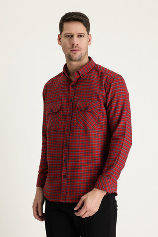  Açık Kırmızı Uzun Kol Slim Fit Dar Kesim Ekose Shacket Oduncu Pamuklu Gömlek