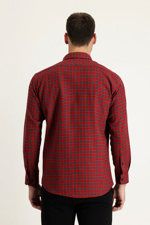 Açık Kırmızı Uzun Kol Slim Fit Dar Kesim Ekose Shacket Oduncu Pamuklu Gömlek