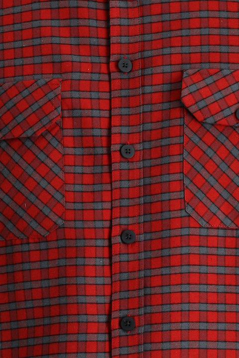 Açık Kırmızı Uzun Kol Slim Fit Dar Kesim Ekose Shacket Oduncu Pamuklu Gömlek